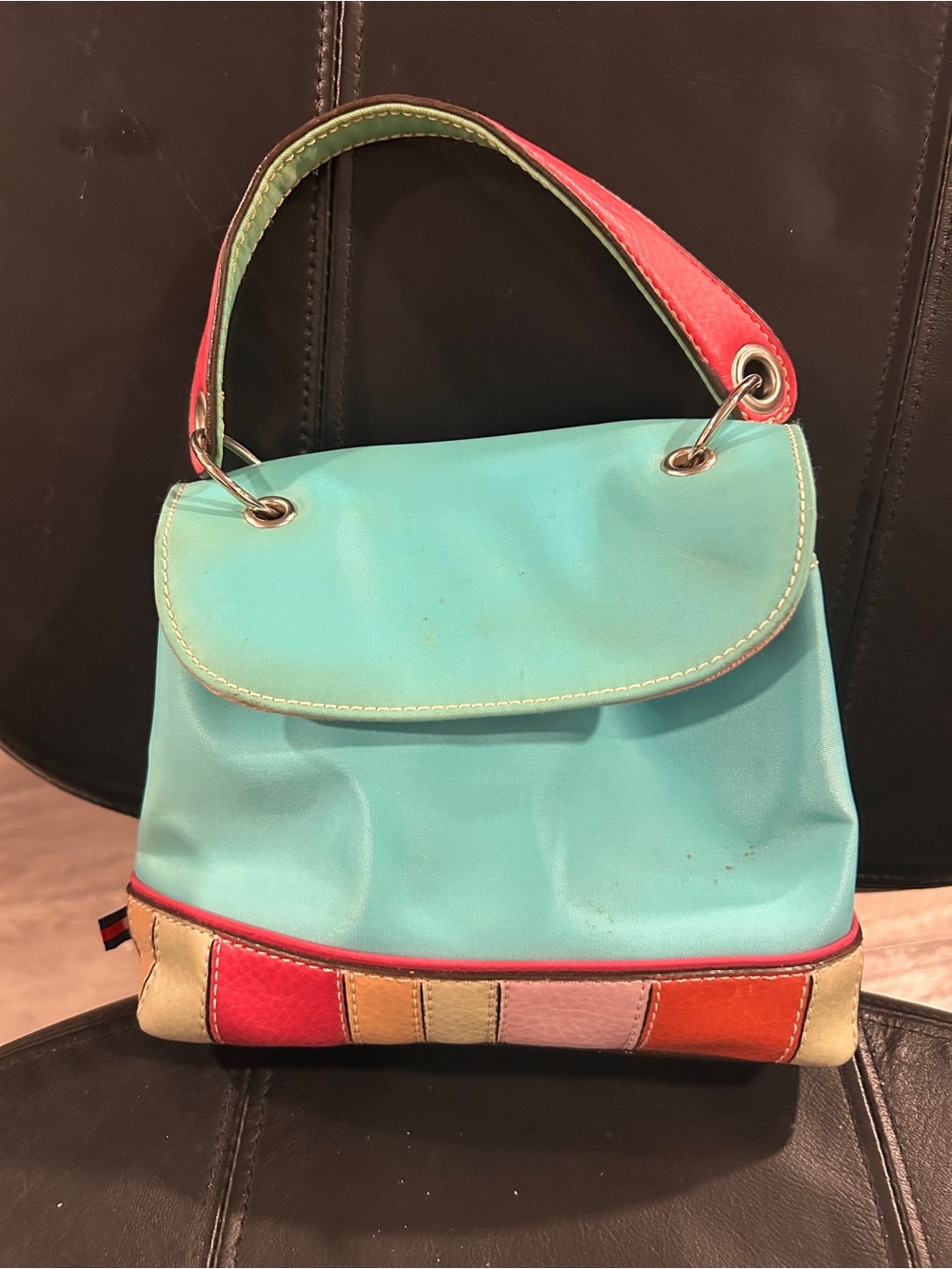 Vintage Tommy Hilfiger Turquoise Shoulder Bag with Multi-Color Patch Trim